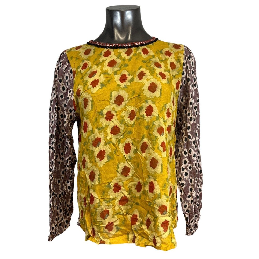 Blink London Womens Shirt Long Sleeve Crochet Trim Floral Yellow Pink Size Small